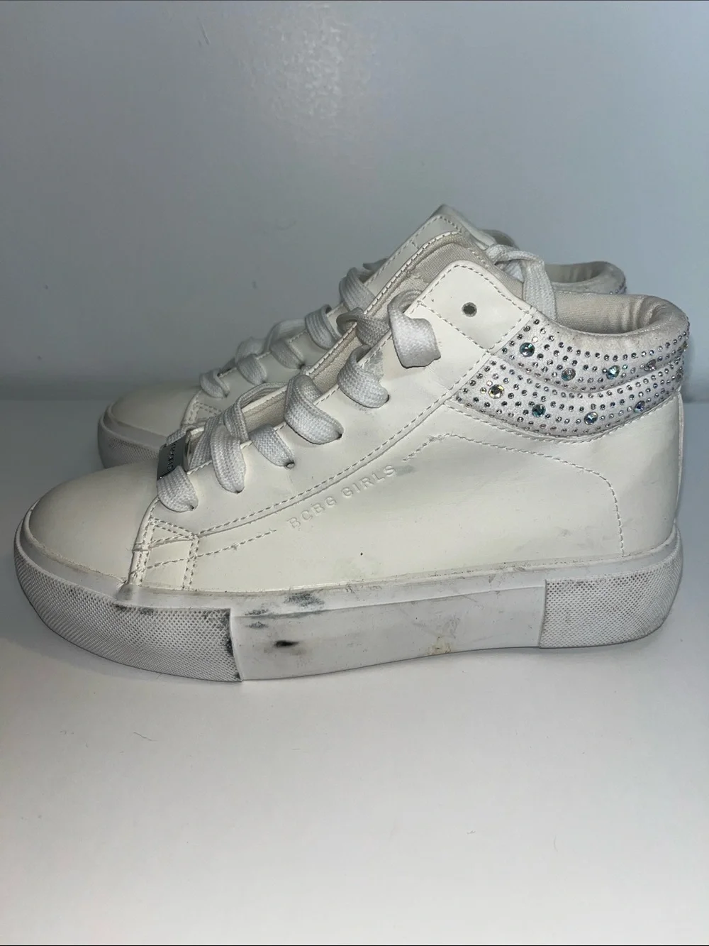 BCBGirls Big Girl Sz 3 White High-Top Sneakers w/ Rhinestones, Call Outs